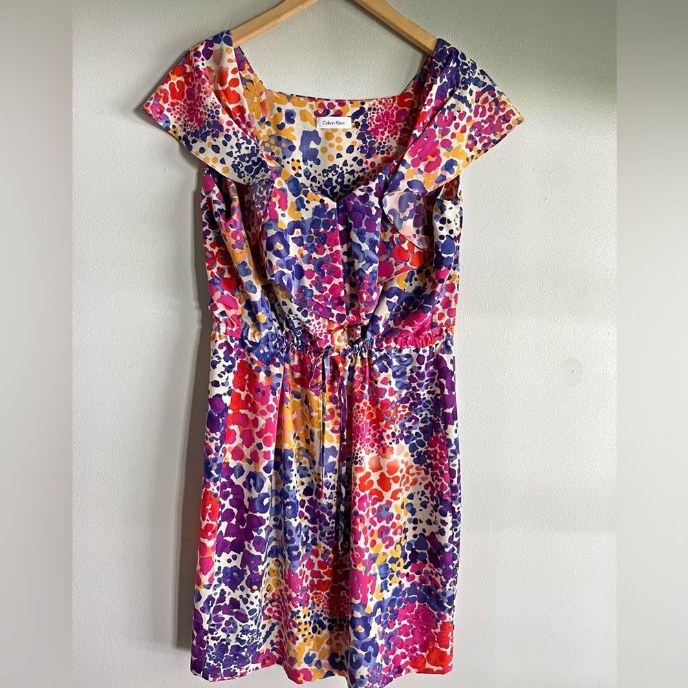 Calvin Klein Vibrant Abstract Leopard Ruffle Dress Pink Purple Multi Size 10